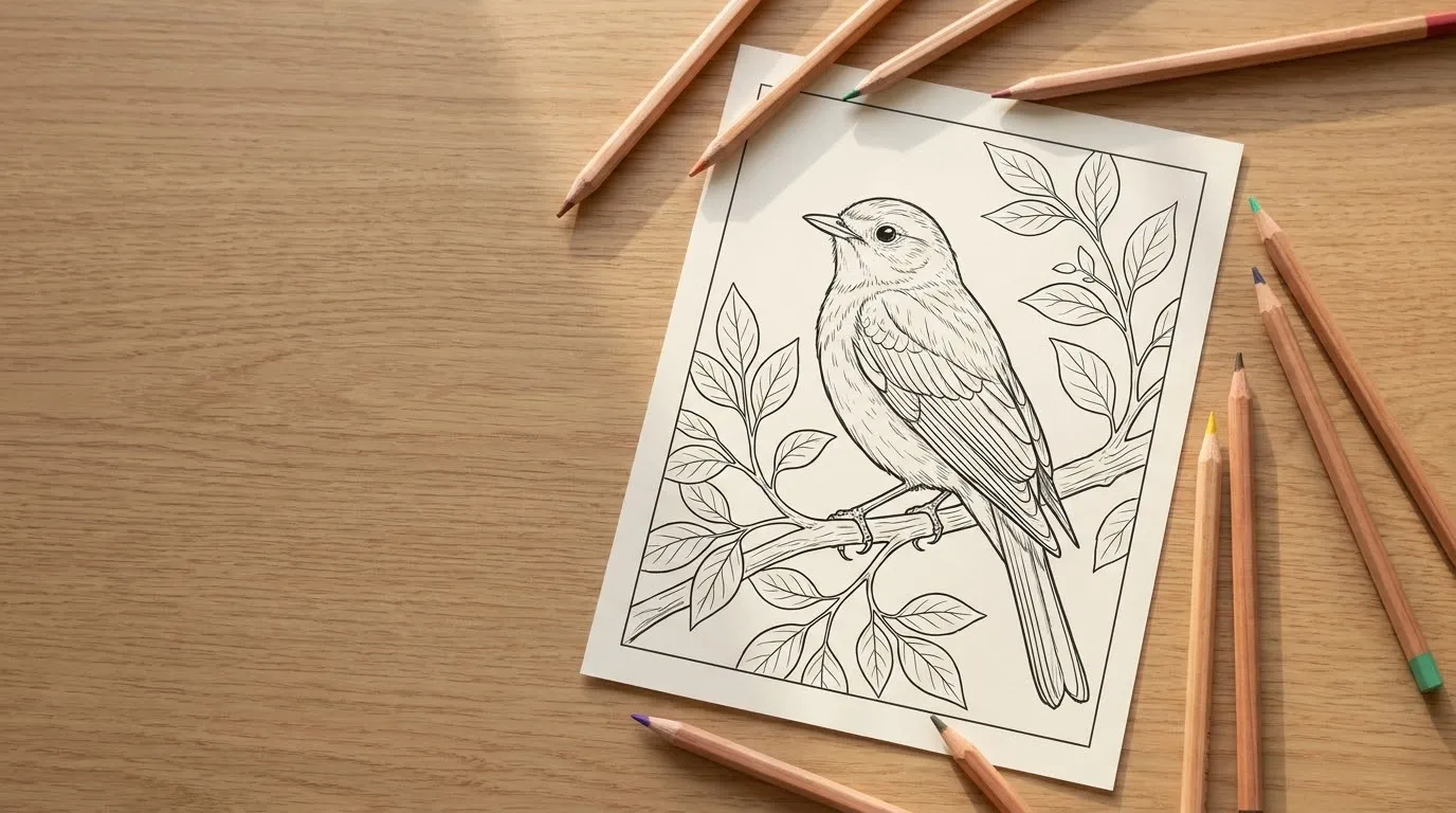 Printed bird coloring page featuring a songbird on a blossoming branch with colored pencils on a desk