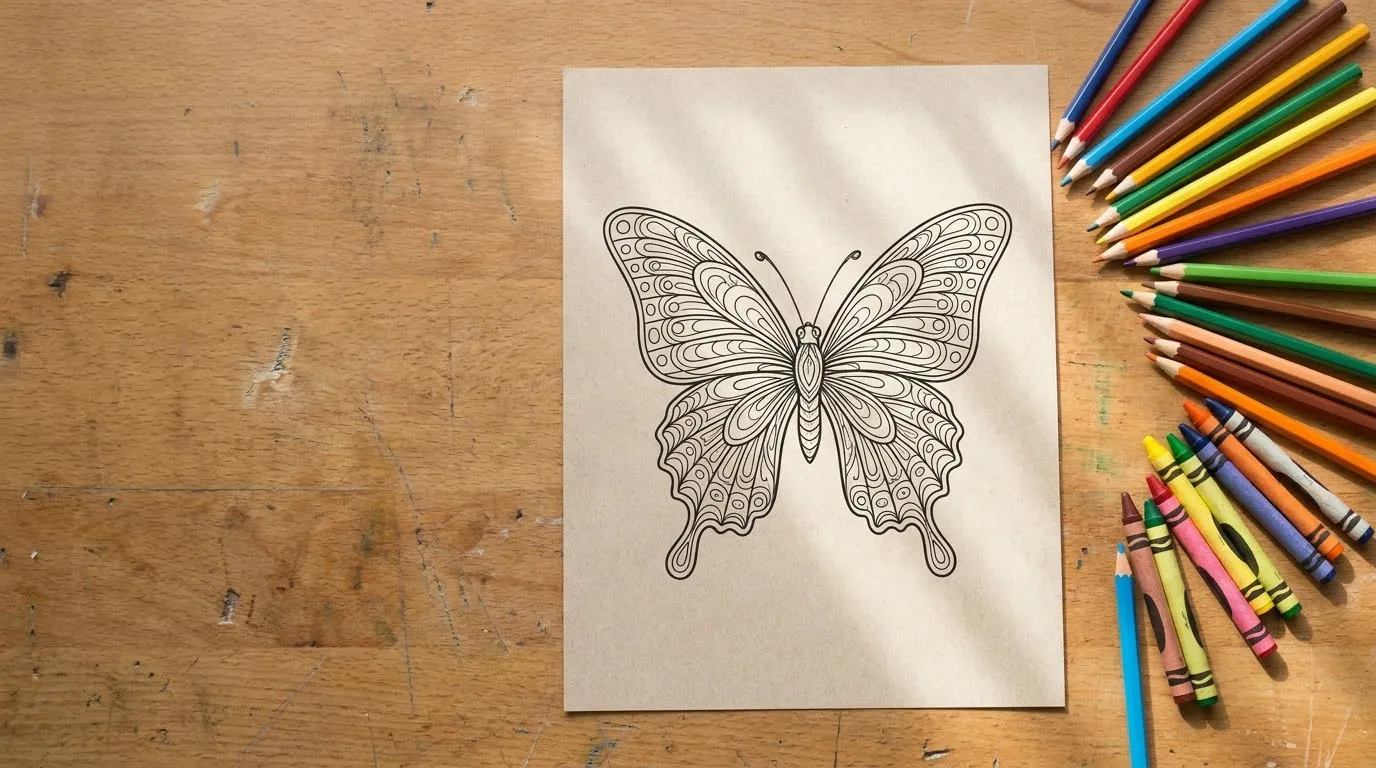 Printed butterfly coloring page showing symmetrical wings on a desk beside colored pencils
