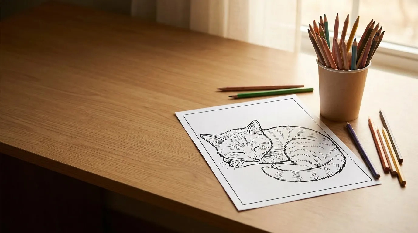 Illustration of a playful domestic cat line art sheet on a desk with colored markers nearby