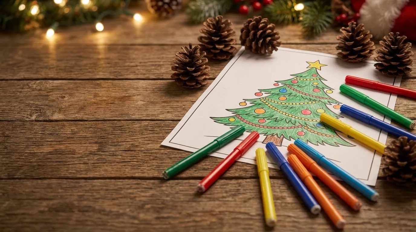 Festive Christmas coloring page showing a decorated pine tree beside red and green markers