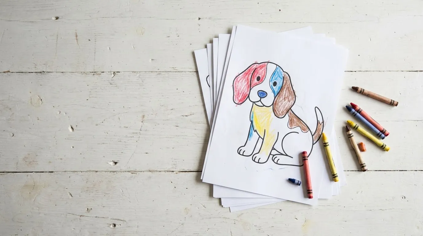 Stack of home-printed coloring pages with a half-colored dog drawing and crayons