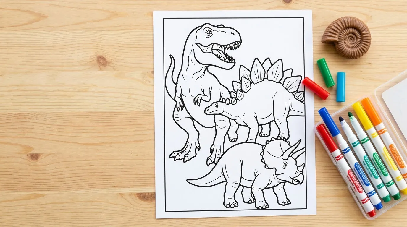 Printed dinosaur coloring page with colored markers on a child's desk