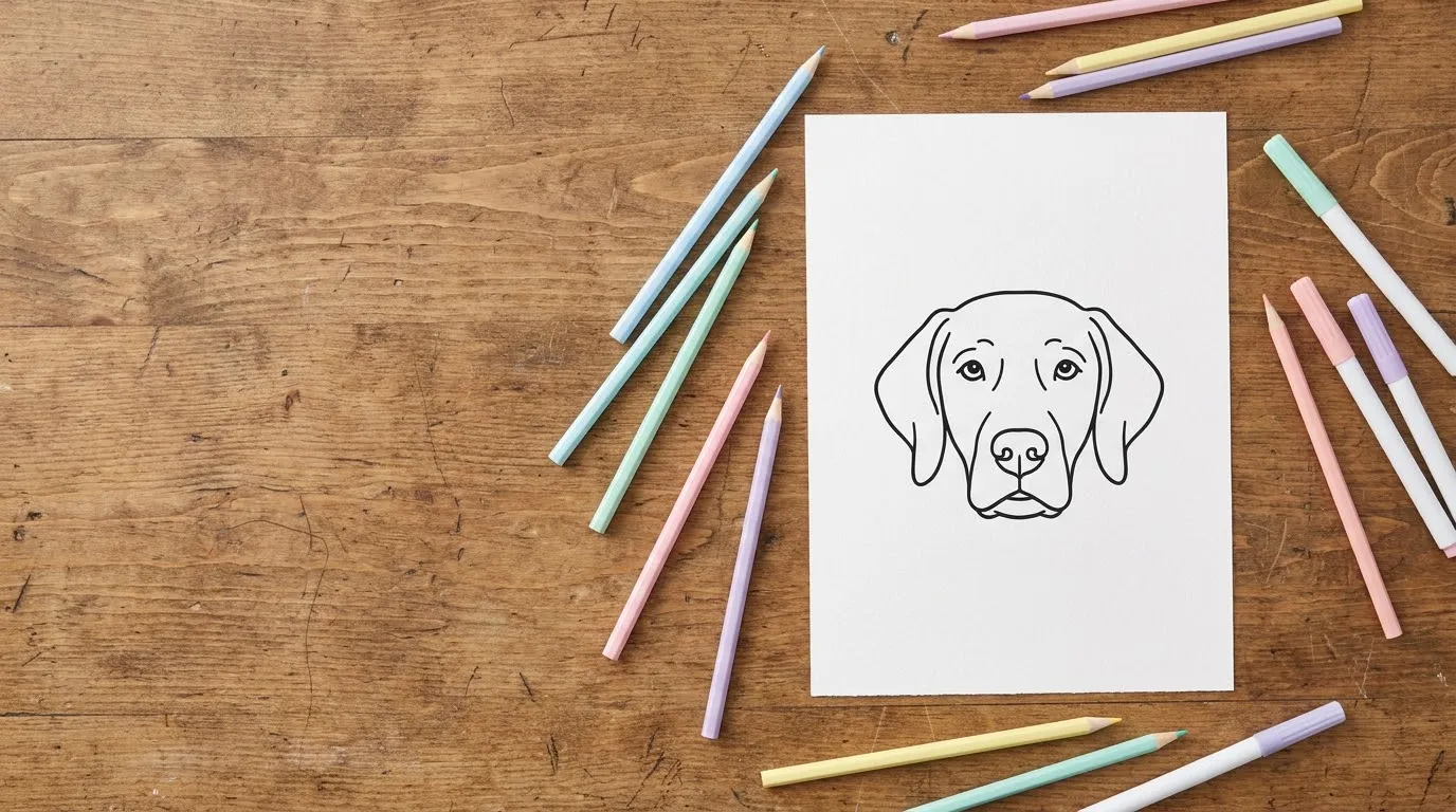 Printed coloring page of a golden retriever puppy lying on a wooden desk next to pastel pencils