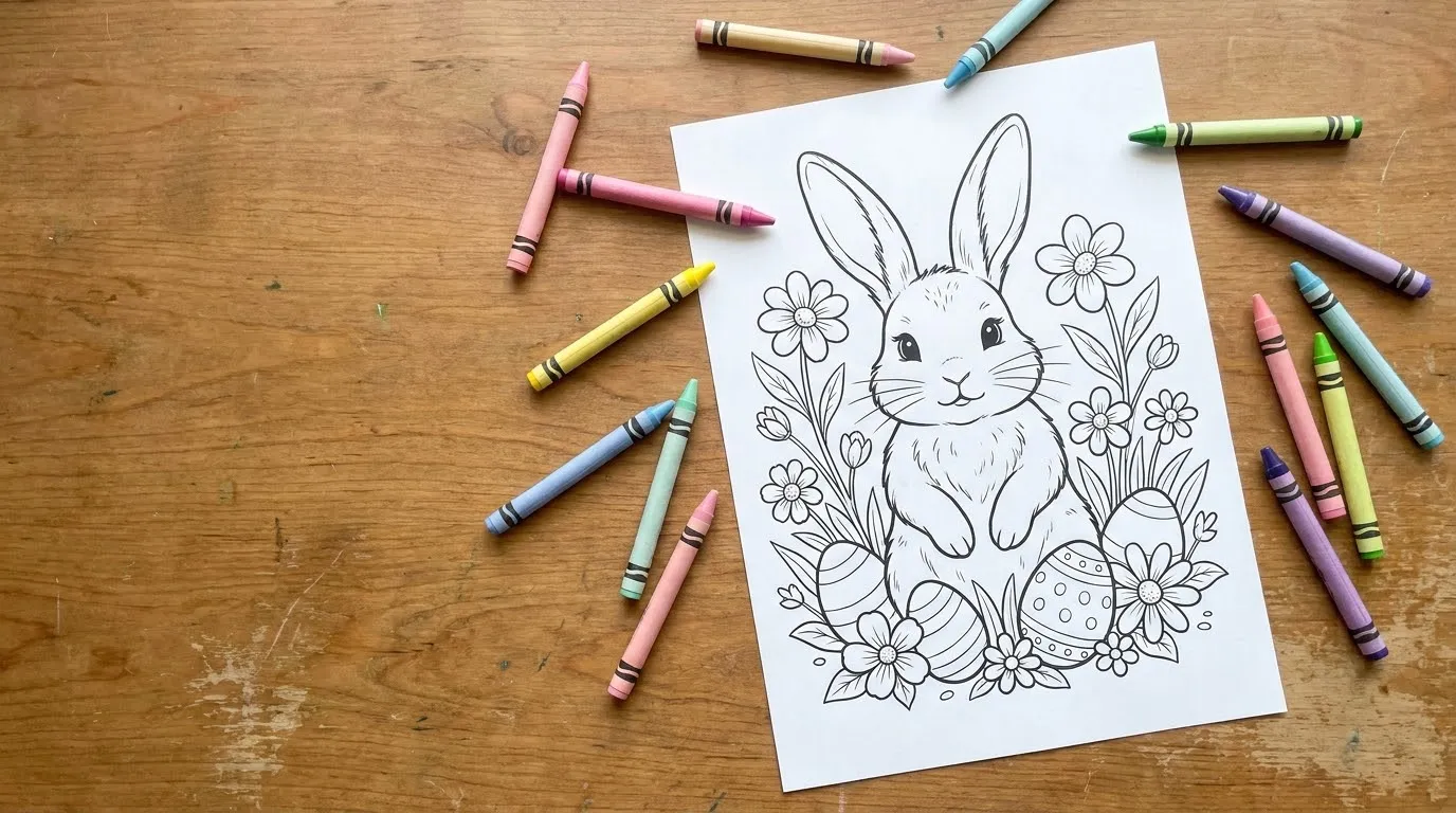 Printed Easter coloring page beside pastel pencils on a craft desk