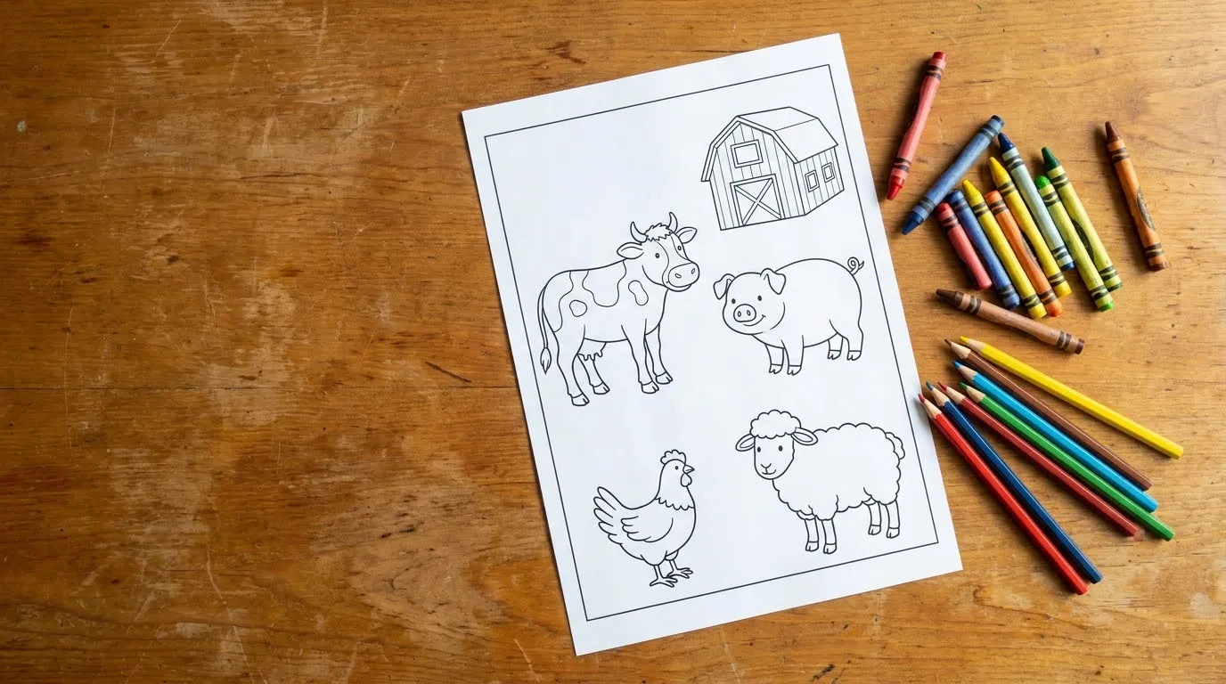 Printed farm animal coloring page of a dairy cow and barn on a wooden table beside wax crayons