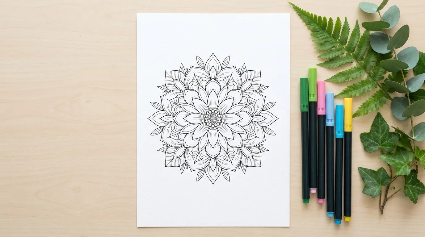 Botanical floral coloring page resting next to vibrant brush pens and fresh leaves