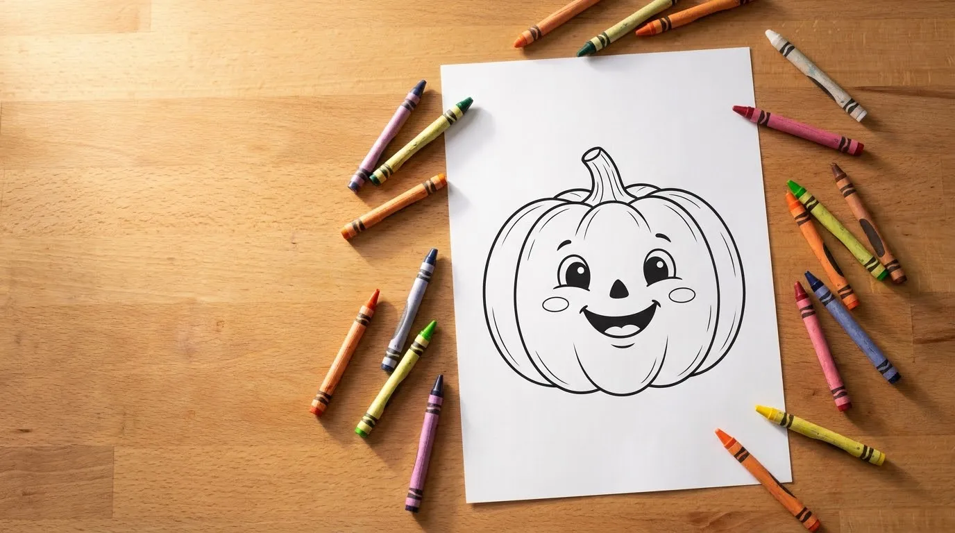 Printed Halloween coloring page featuring a smiling jack-o-lantern on a table with orange and black crayons