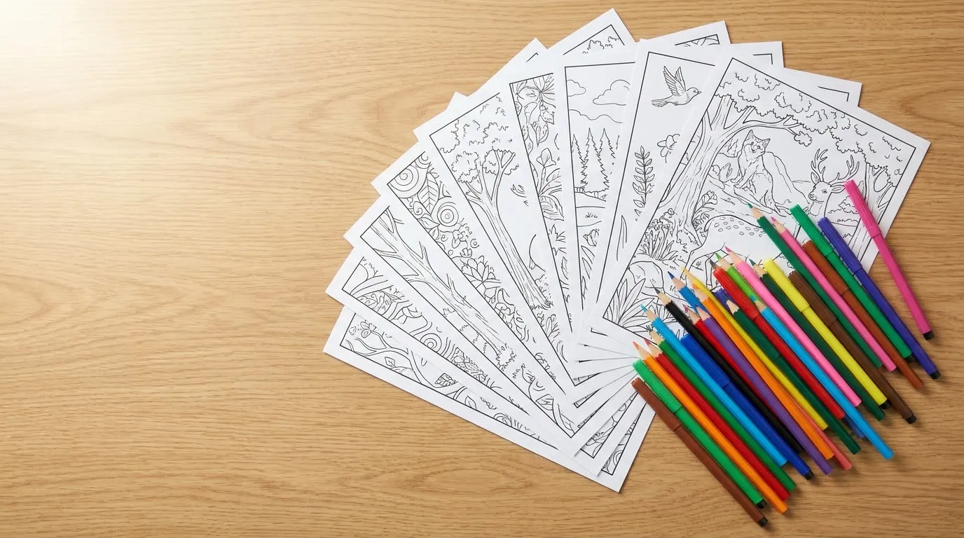 Arranged stack of clean printed line art coloring sheets beside wooden colored pencils on a light table
