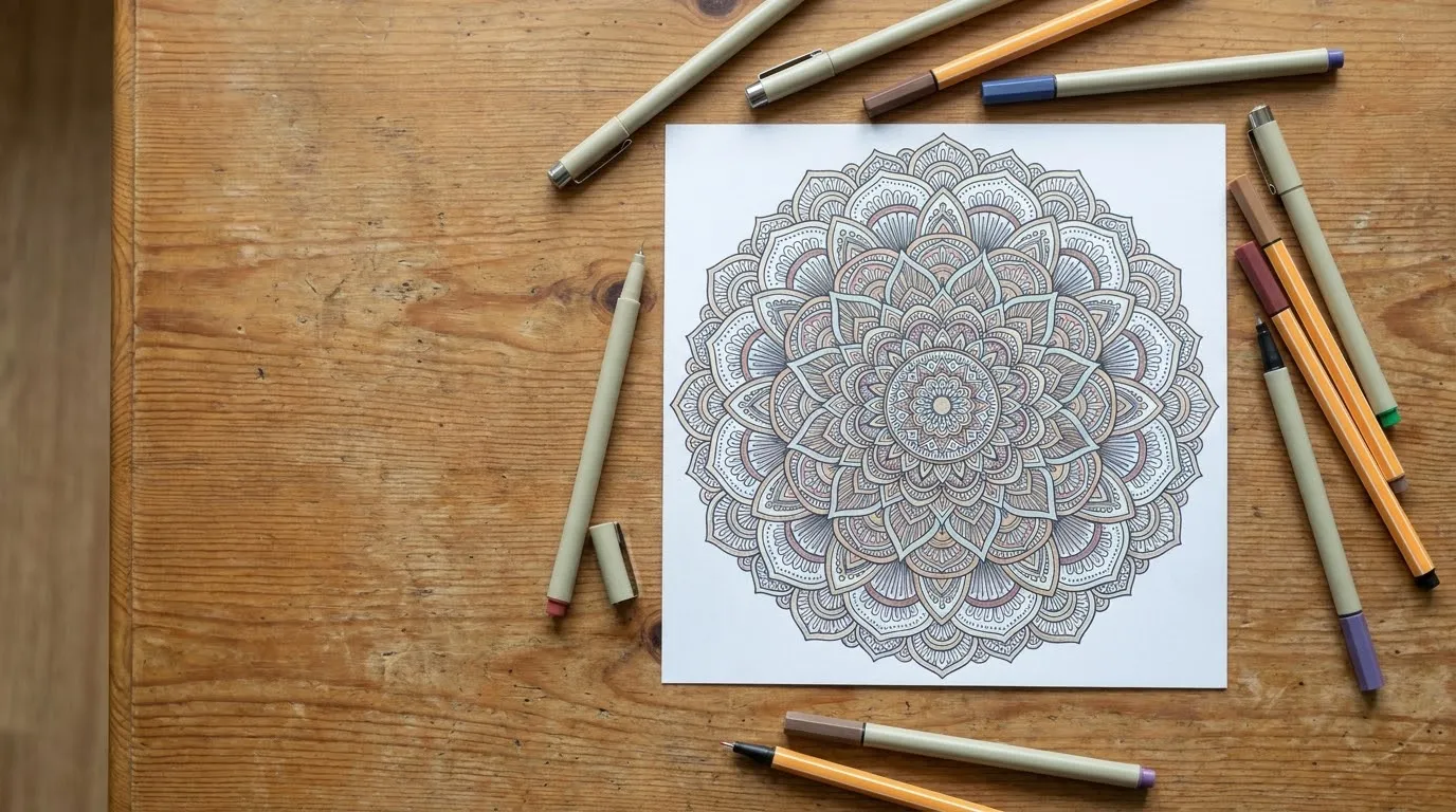 Circular geometric mandala coloring page on a wooden surface beside fine-liner pens