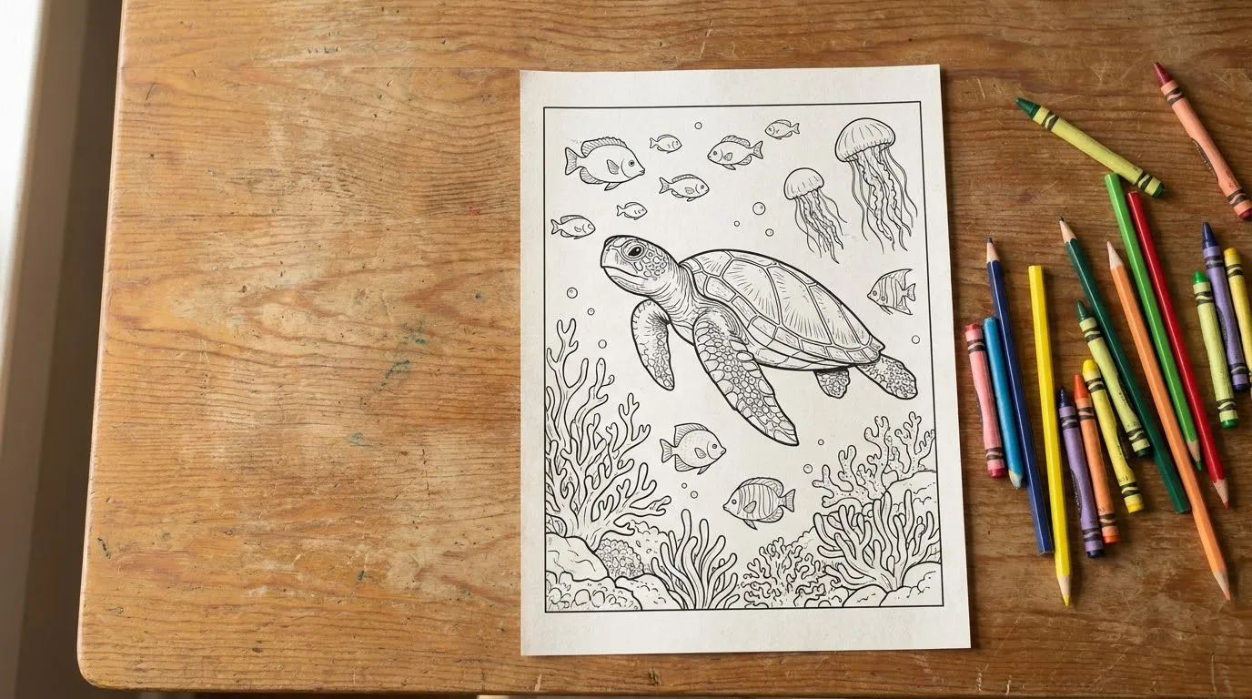 Printed ocean animals coloring page showing a sea turtle and coral reef on a desk beside colored pencils