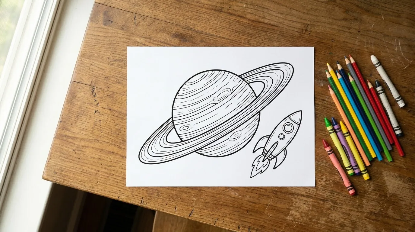 Printed space coloring page showing a ringed planet and rocket on a desk with colored pencils