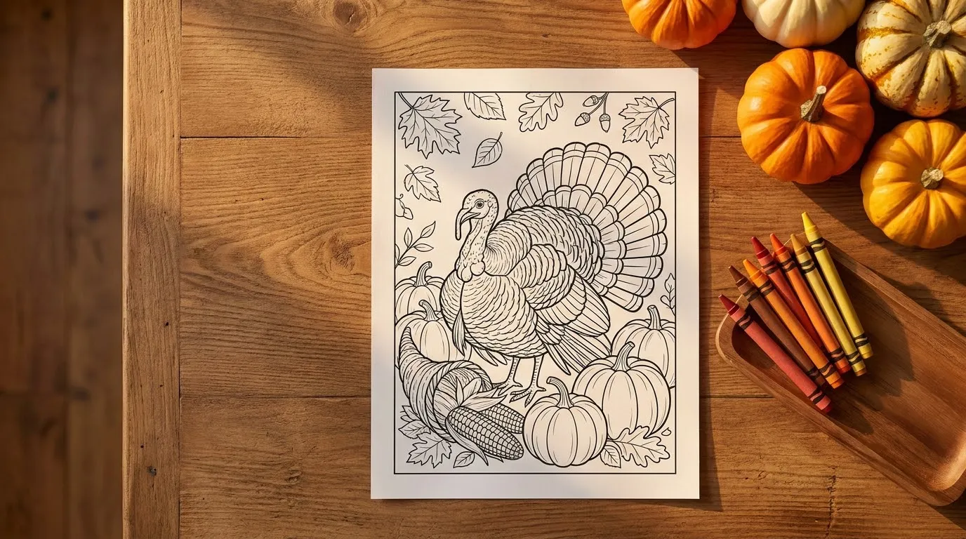 Thanksgiving coloring page of a plump harvest turkey on a dining table with crayons and mini pumpkins