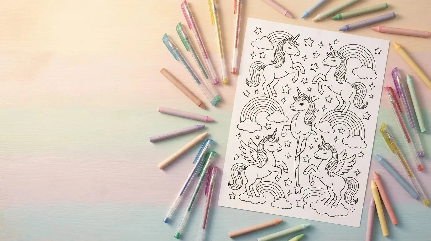 Printed unicorn coloring page featuring a horn and stars beside pastel crayons on a desk