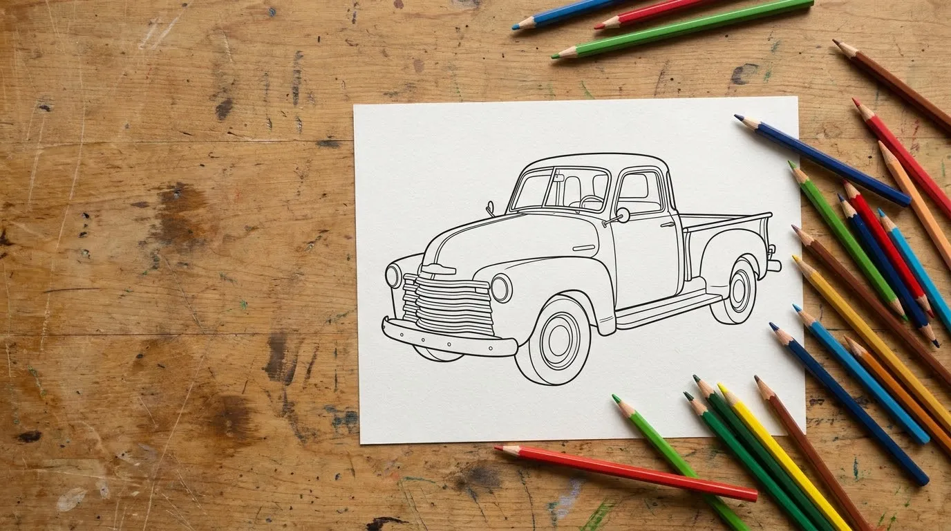 Printed vehicle coloring page of a classic pickup truck beside colored pencils on a wooden desk