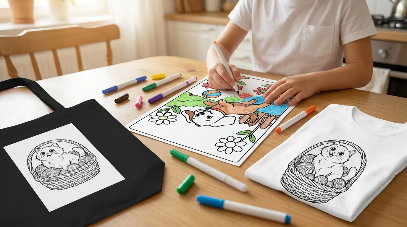 Child coloring a custom coloring poster beside a coloring page tote and youth t-shirt, shown with example art