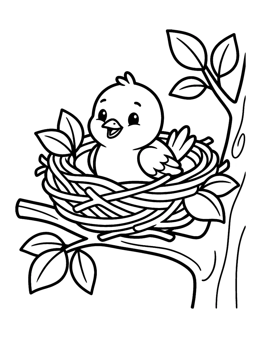Coloring page: Baby bird sitting in a twig nest