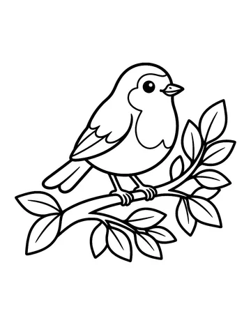 Coloring page: Cheerful robin perched on a leafy branch