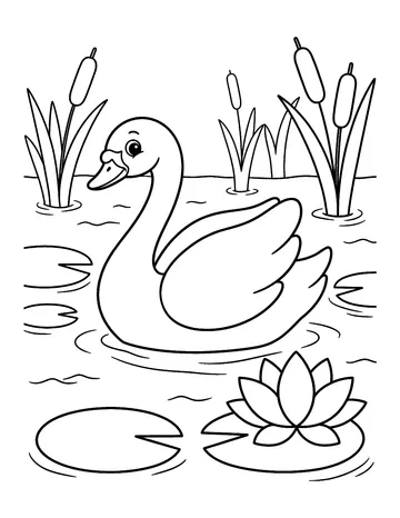 Coloring page: Graceful swan gliding past water lilies