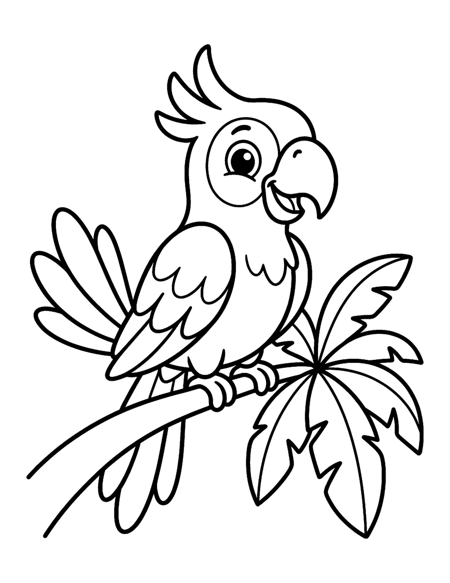 Coloring page: Happy parrot perched on a palm branch
