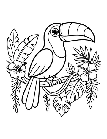 Coloring page: Tropical toucan resting on a jungle vine
