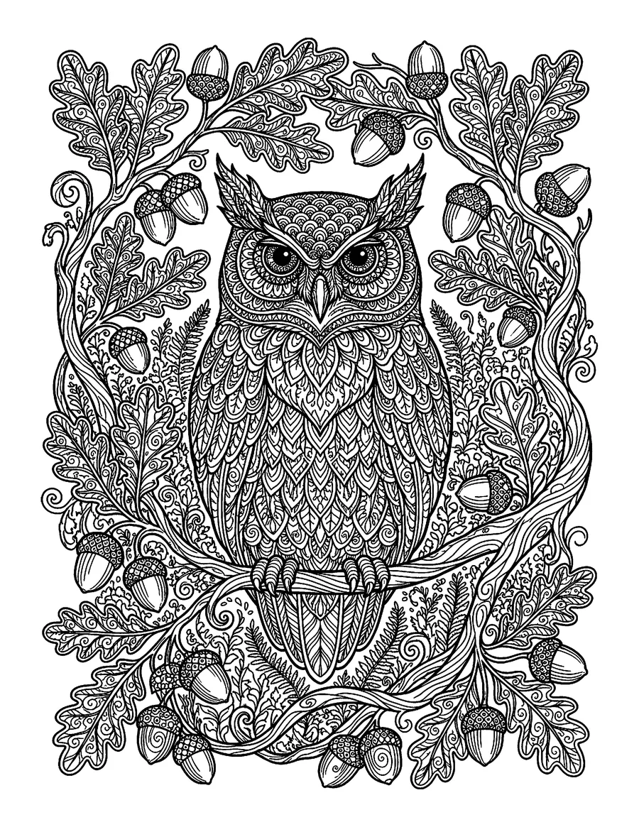 Coloring page: Woodland owl framed by oak branches