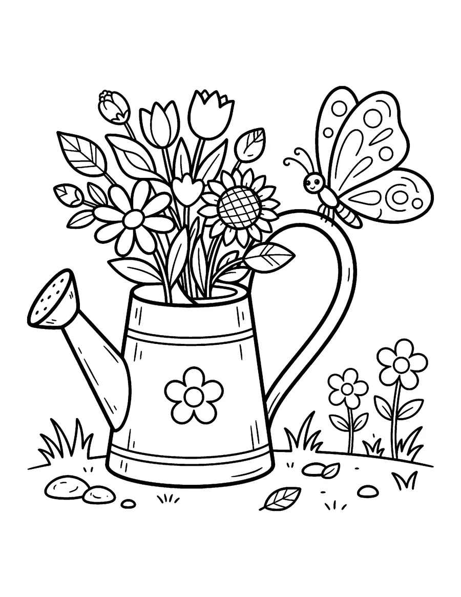 Coloring page: Butterfly perched on a watering can