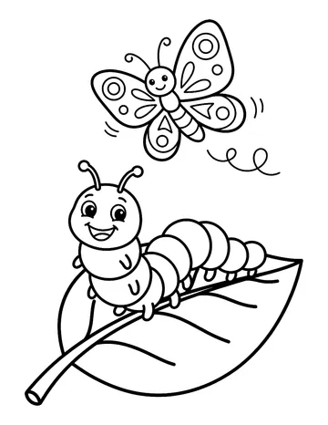Coloring page: Caterpillar on a leaf below a butterfly