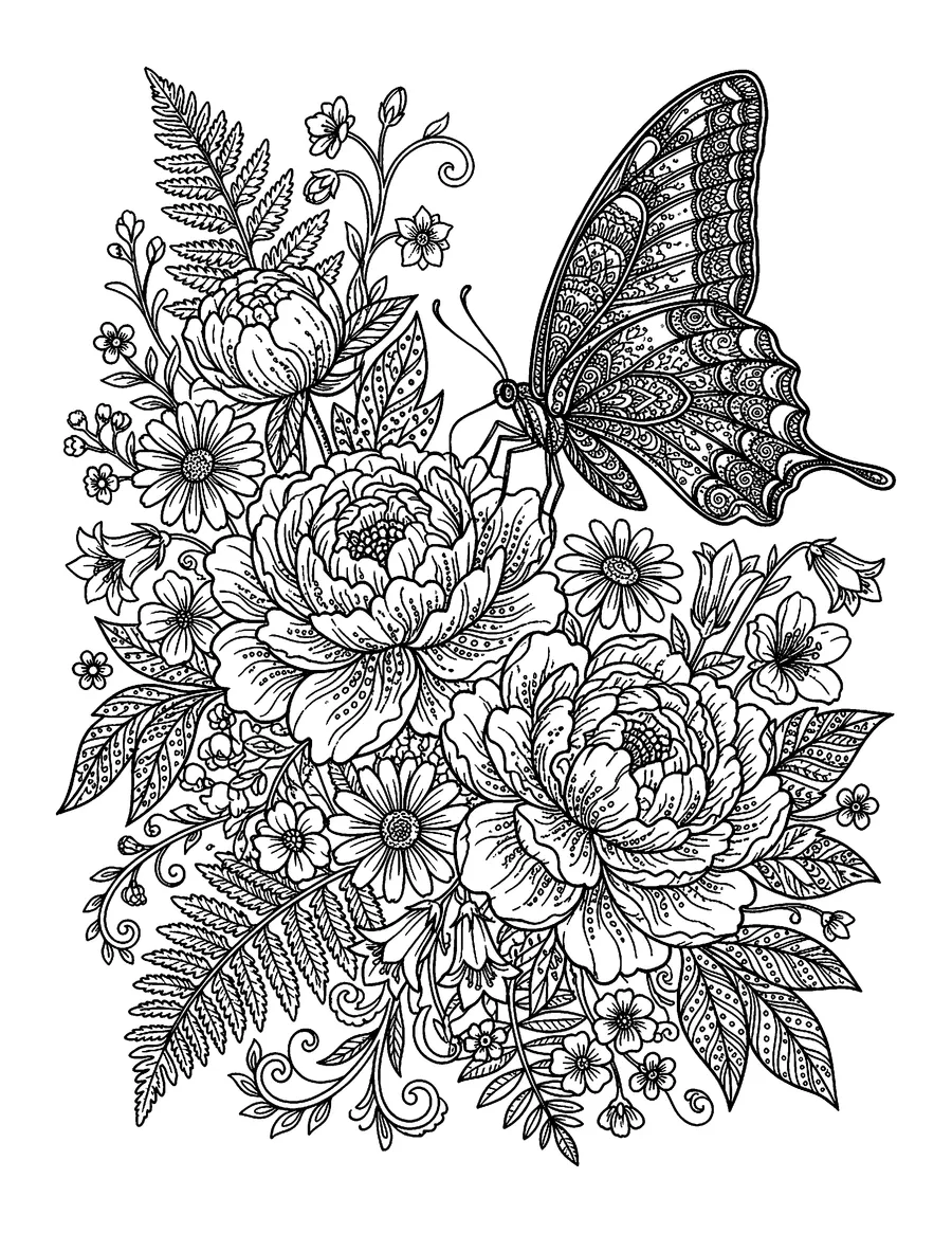 Coloring page: Ornate butterfly on a peony bouquet