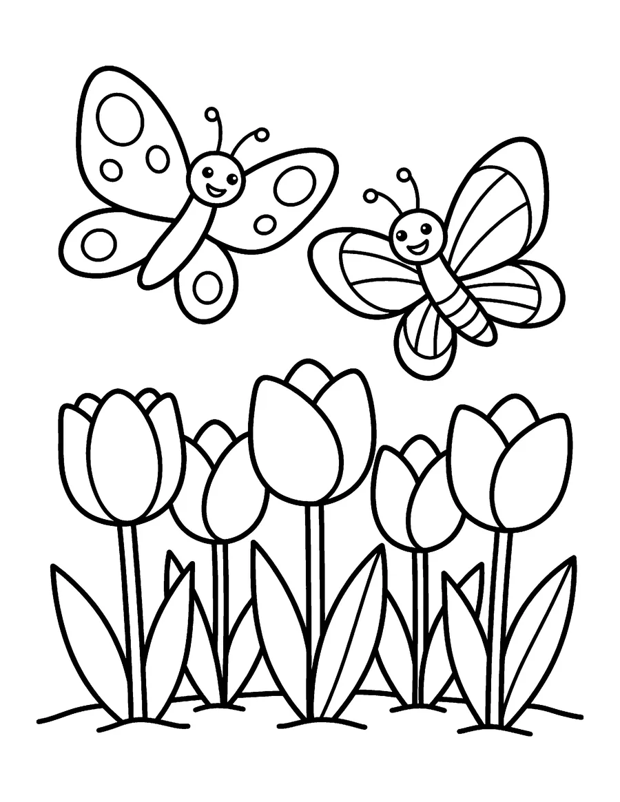 Coloring page: Pair of butterflies above blooming tulips