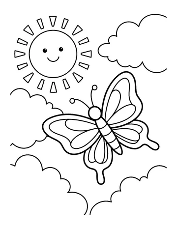 Coloring page: Swallowtail butterfly flying past fluffy clouds