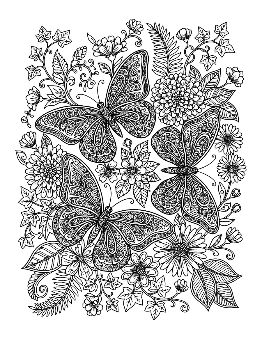 Coloring page: Trio of butterflies among botanical blossoms