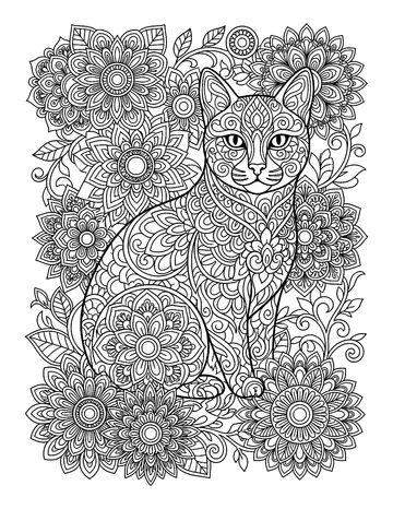 Coloring page: Cat among mandala-style flowers