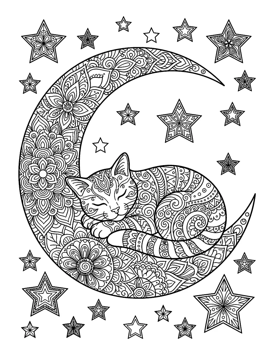 Coloring page: Cat curled in a crescent moon with stars