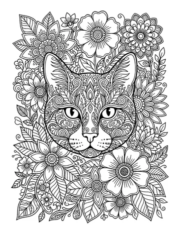 Coloring page: Cat face surrounded by flowers and leaves