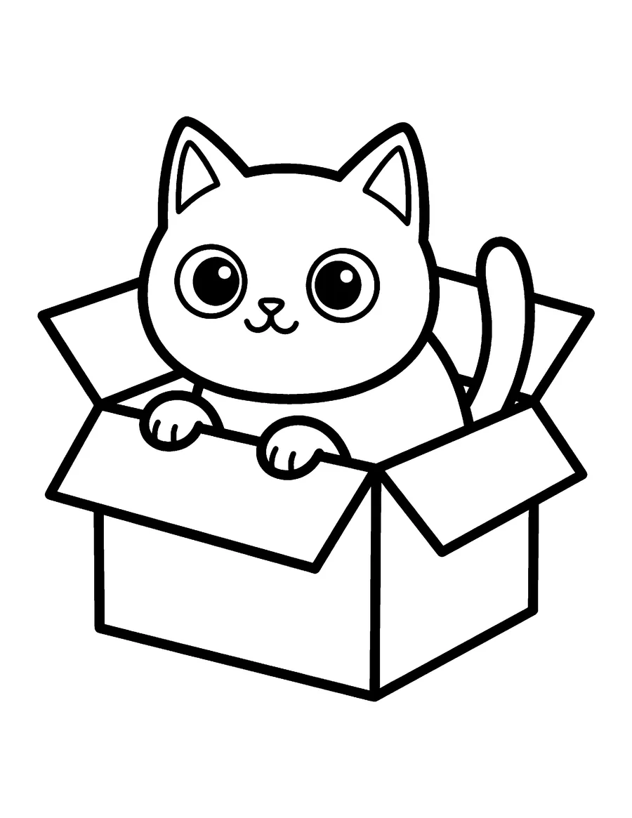 Coloring page: Cat peeking out of a cardboard box