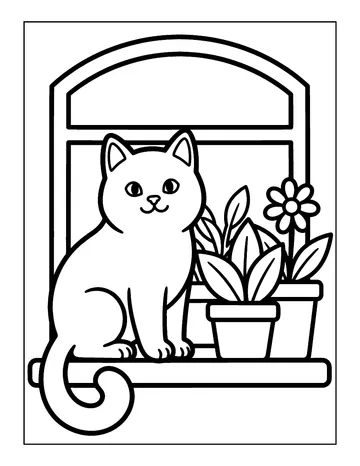 Coloring page: Cat sitting on a windowsill with potted plants