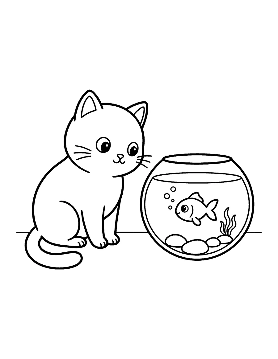 Coloring page: Cat watching a goldfish in a round bowl