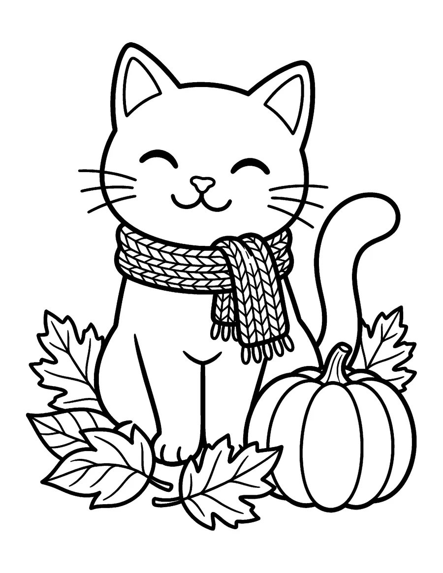 Coloring page: Cat wearing a little scarf on an autumn day