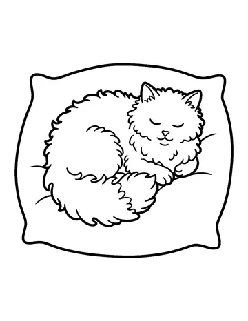 Coloring page: Fluffy cat curled on a cushion