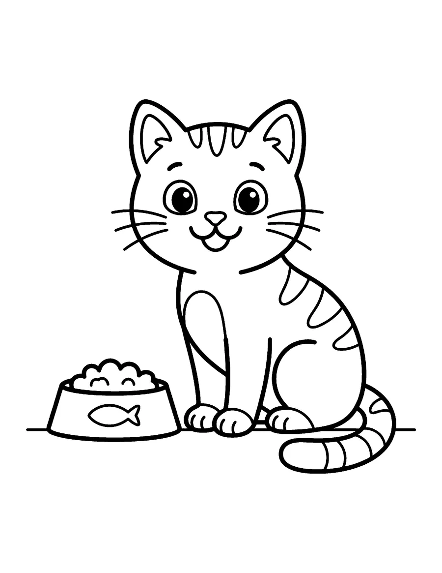 Coloring page: Happy cat sitting beside a food bowl