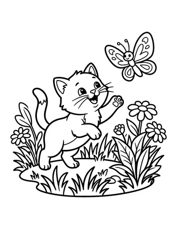 Coloring page: Kitten chasing a butterfly in the grass
