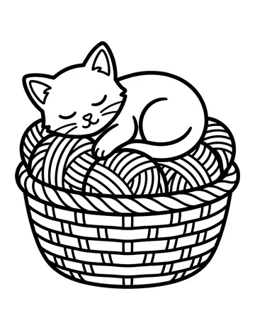 Coloring page: Kitten sleeping in a yarn basket