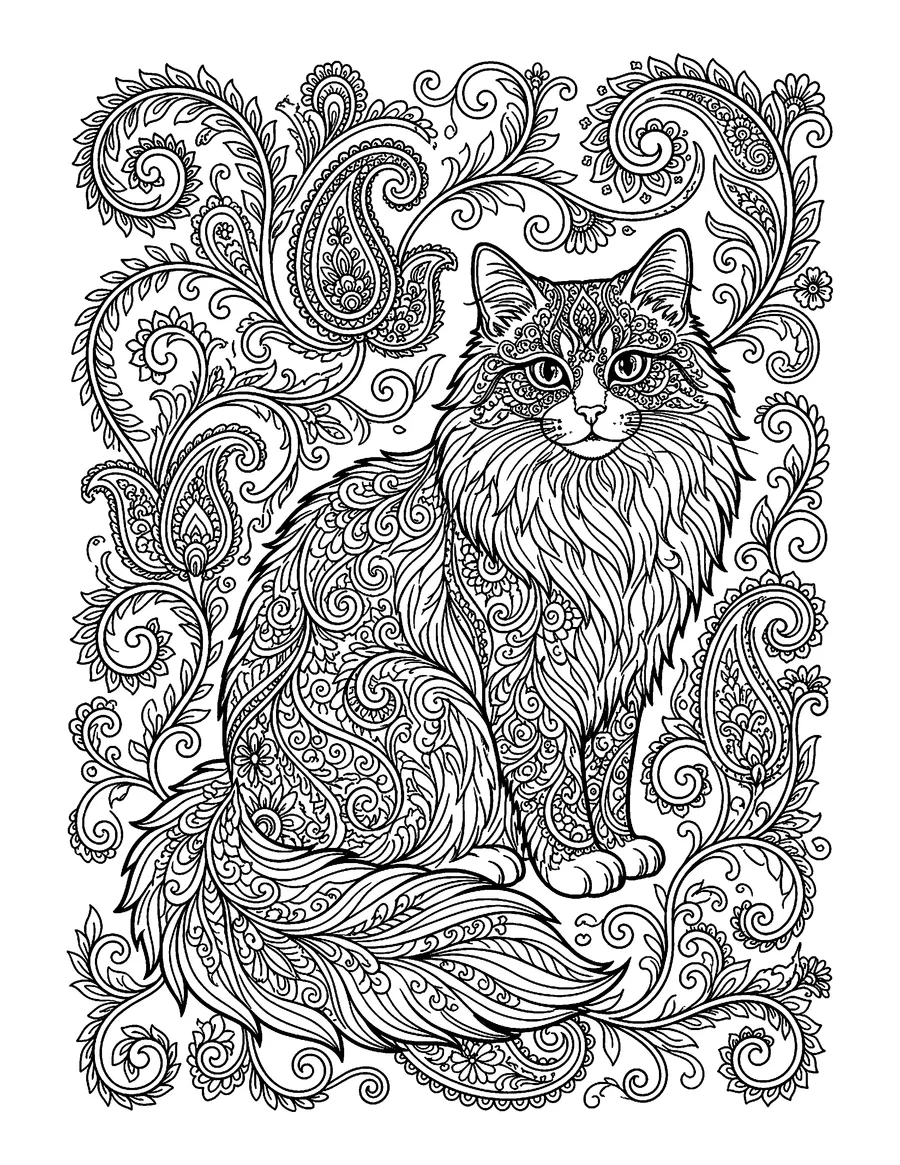 Coloring page: Long-haired cat surrounded by swirling paisley vines