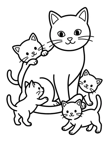 Coloring page: Mother cat with three kittens