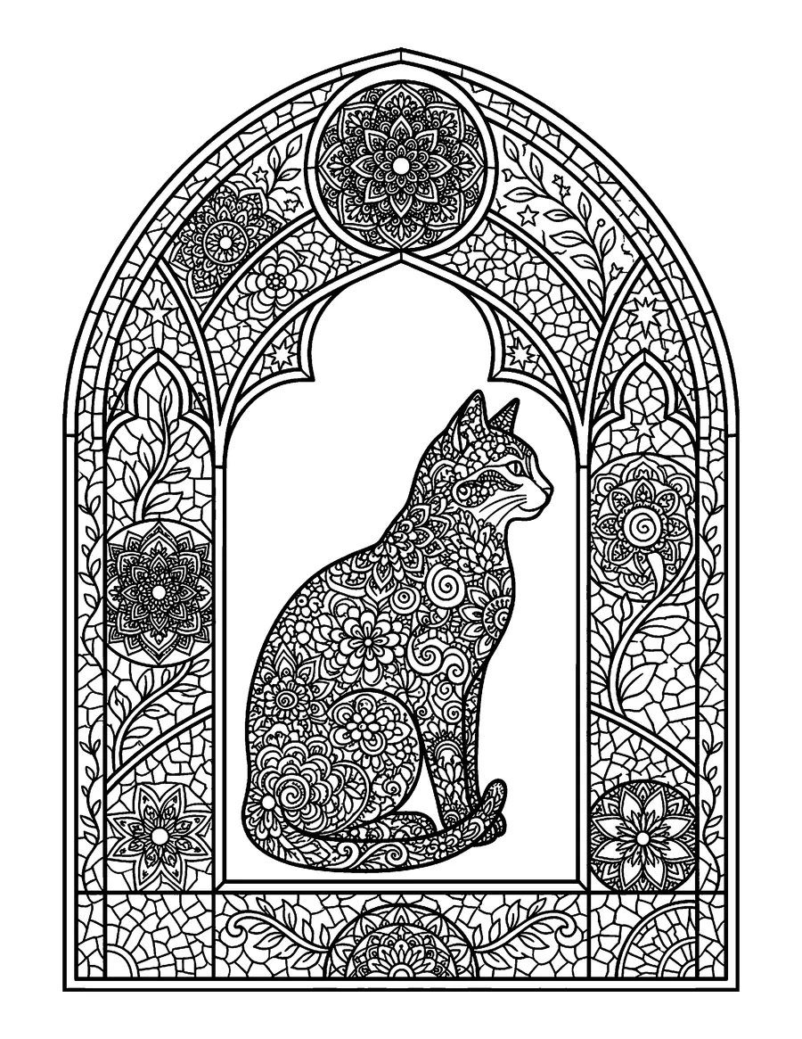 Coloring page: Ornate cat silhouette inside a stained-glass arch