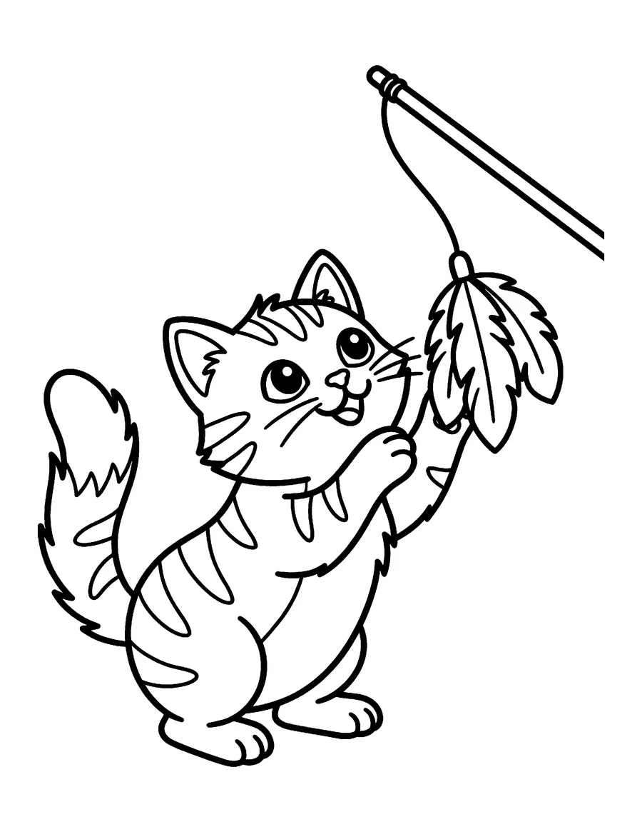 Coloring page: Playful kitten batting a feather wand toy