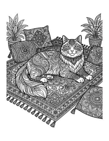 Coloring page: Regal cat resting on a patterned bohemian rug