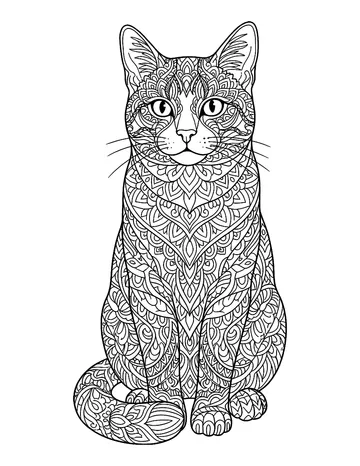 Coloring page: Sitting cat filled with zentangle patterns