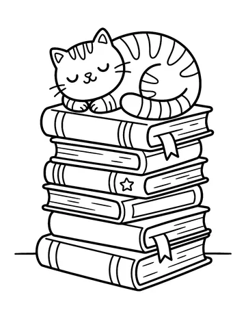 Coloring page: Striped cat napping on a stack of books