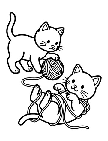 Coloring page: Two kittens playing with a ball of string